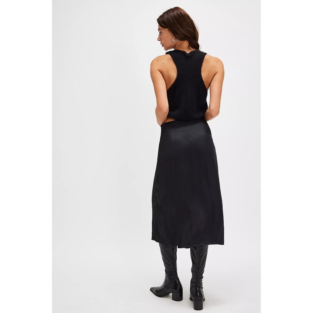 Free People Womens Black Satin Midi Skirt Size 8 High Waisted A-Line Zipper